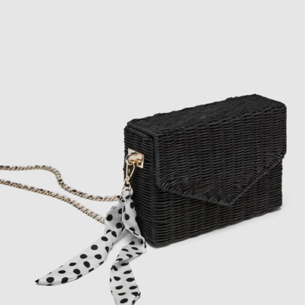 ZARA WICKER RATTAN STRAW CROSSBODY BLACK BAG